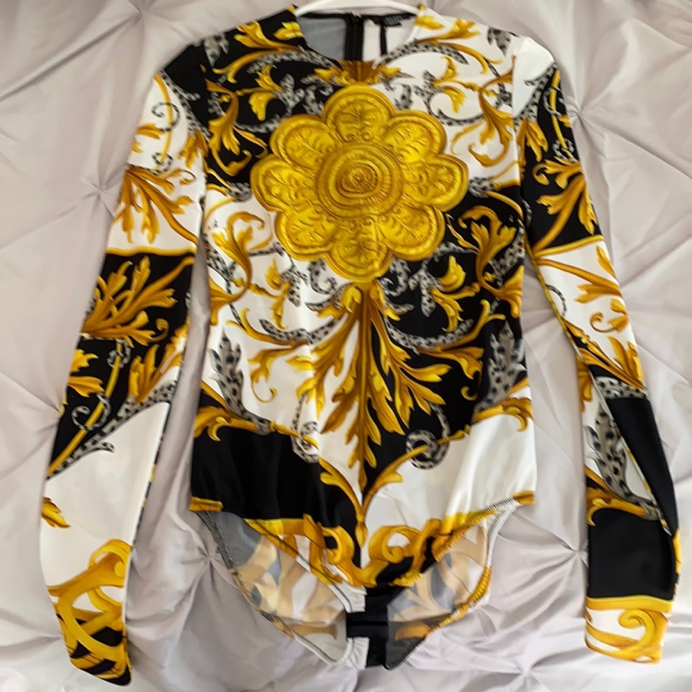 Versace Yellow and Black Baroque Print Bodysuit